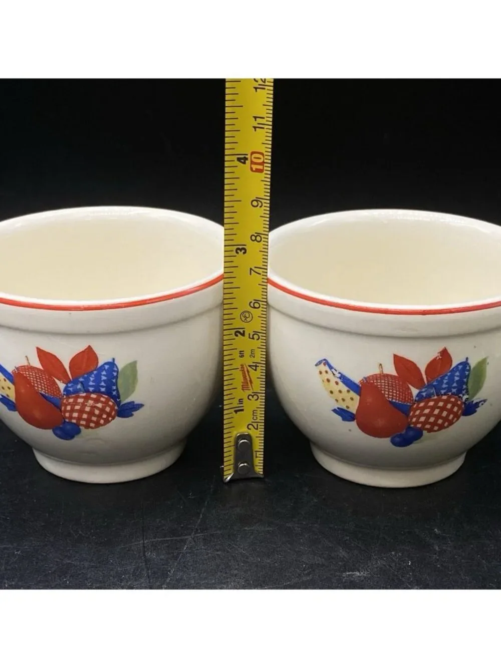 2 Universal Potteries Calico Fruit Pattern Custard Dessert Cup Vintage READ